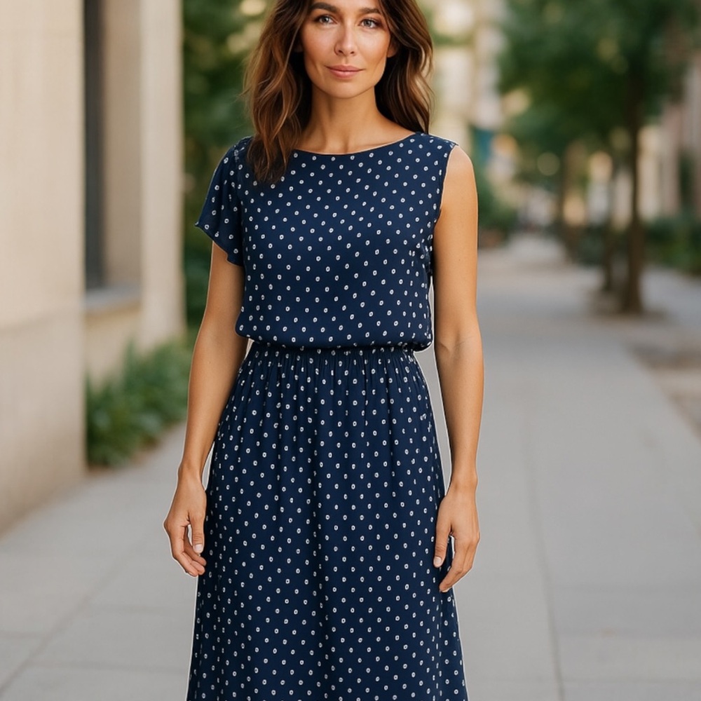 NWT CHAPS DRESS NAVY BLUE SILVER DOTS SIZE 14 ONE SLEEVE PREPPY CLASSY MSRP $130